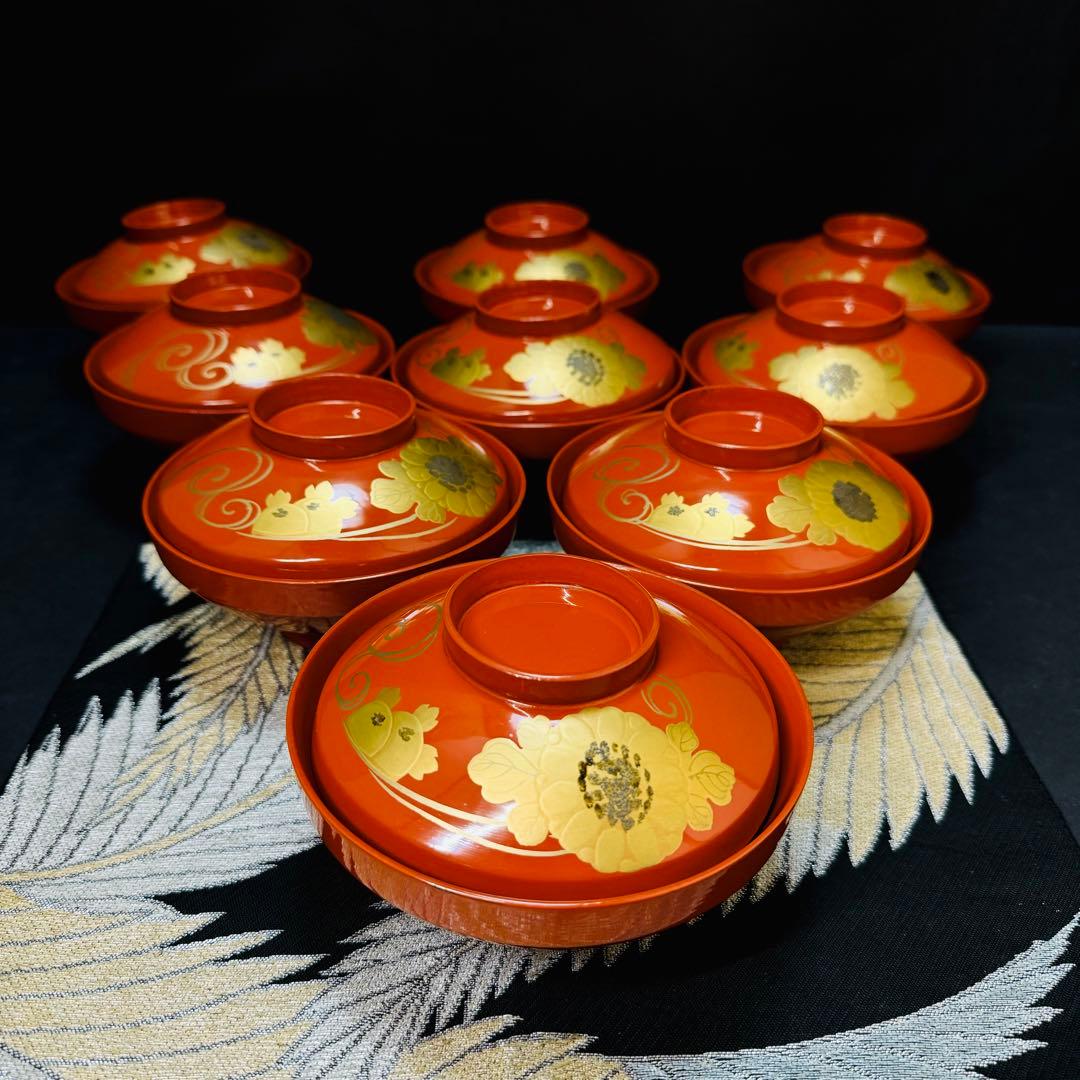 漆器　輪島塗　沈金　金蒔絵　木製　蓋付椀　お煮物椀　吸物椀　9客