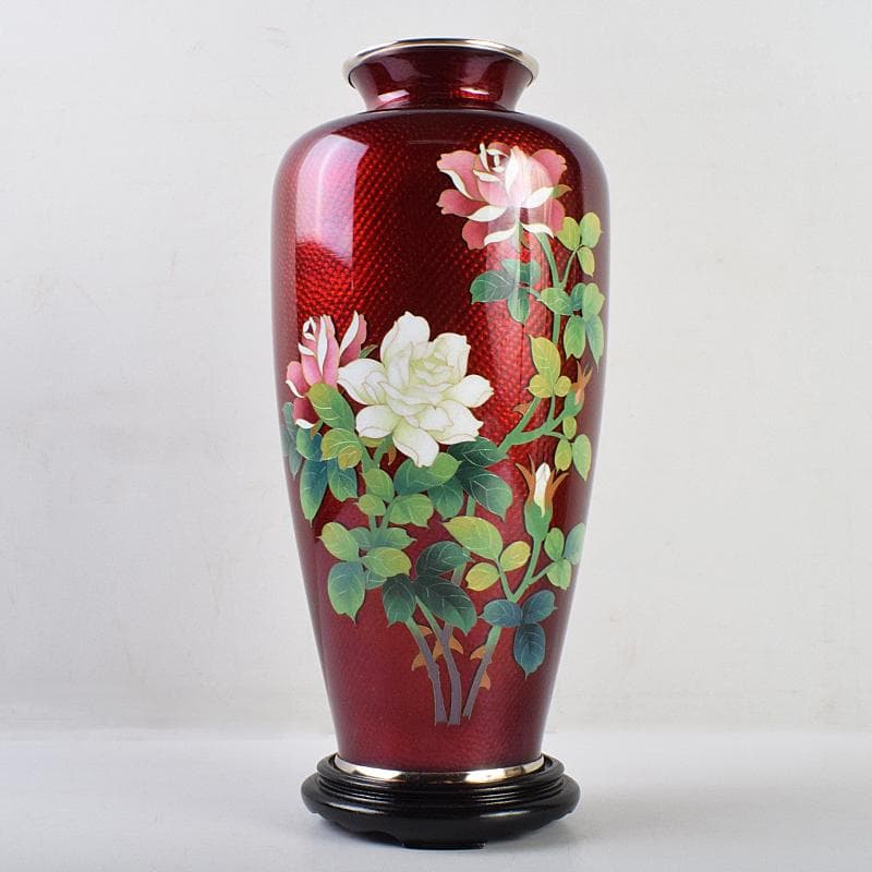 七宝焼　赤透釉　薔薇文　花瓶　唐木台・時代箱付　V　R9466