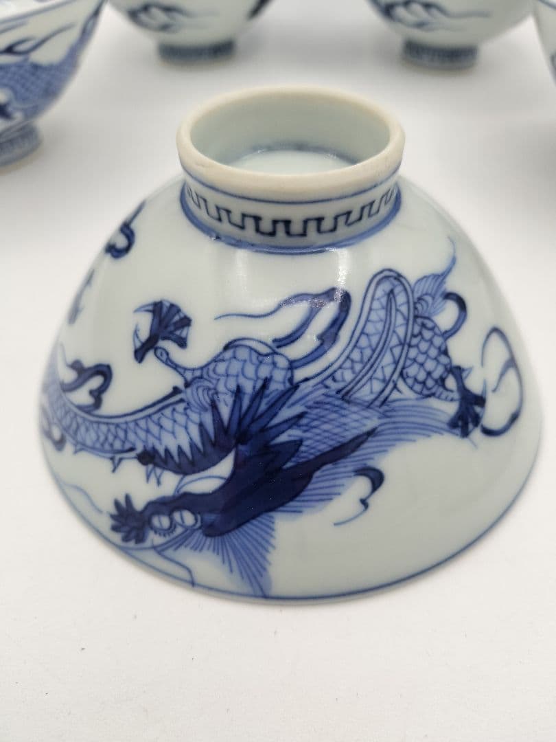 a981 蓋付碗　5客組 染付 龍の絵 爪5本 宝珠 祖母懐 古物 懐石 会席