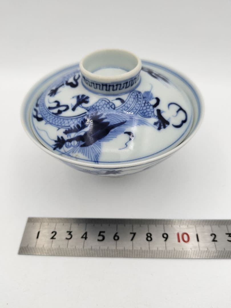 a981 蓋付碗　5客組 染付 龍の絵 爪5本 宝珠 祖母懐 古物 懐石 会席