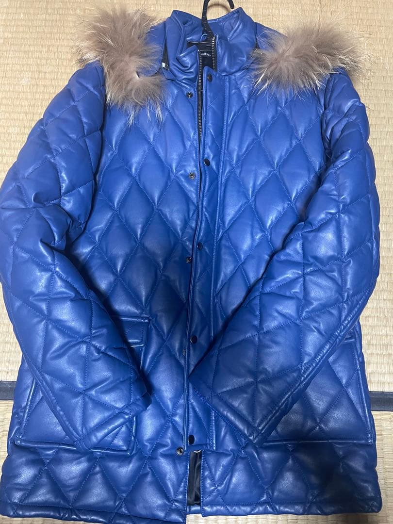ゆうぽむぷりん高級本革 羊革 青　レザー キルティング ダイヤ ジャケット