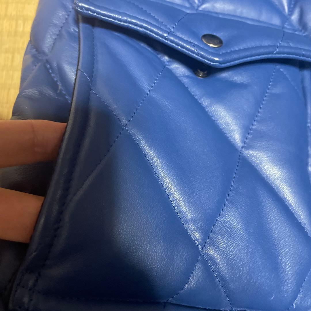ゆうぽむぷりん高級本革 羊革 青　レザー キルティング ダイヤ ジャケット