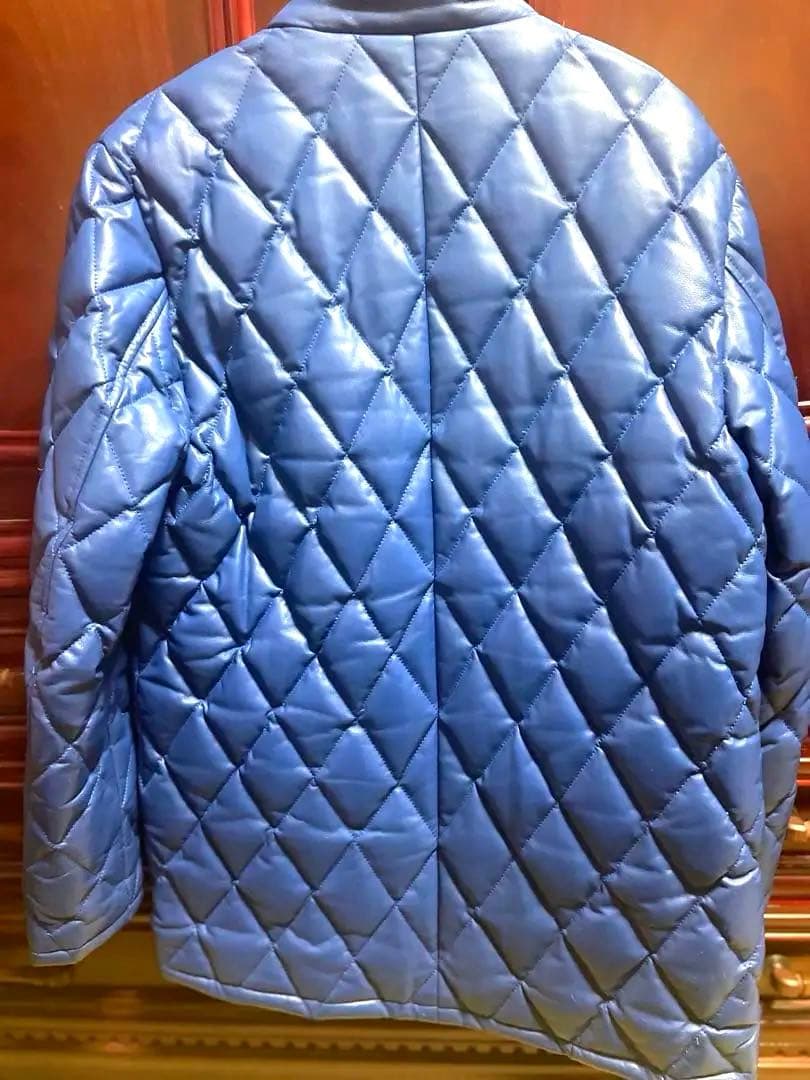 ゆうぽむぷりん高級本革 羊革 青　レザー キルティング ダイヤ ジャケット