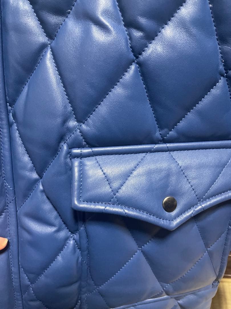 ゆうぽむぷりん高級本革 羊革 青　レザー キルティング ダイヤ ジャケット