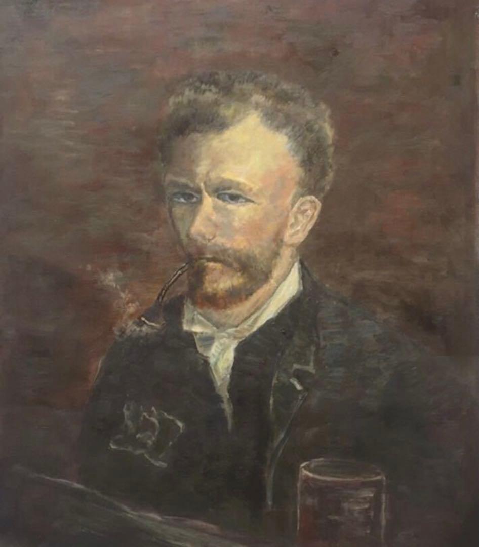 肉筆☆油絵☆F20号『パイプを咥えた自画像7』ゴッホ/模写