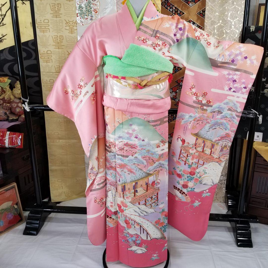 Fs112st あぜくら豪華可愛い振袖 屋敷と景観柄 金糸 正絹