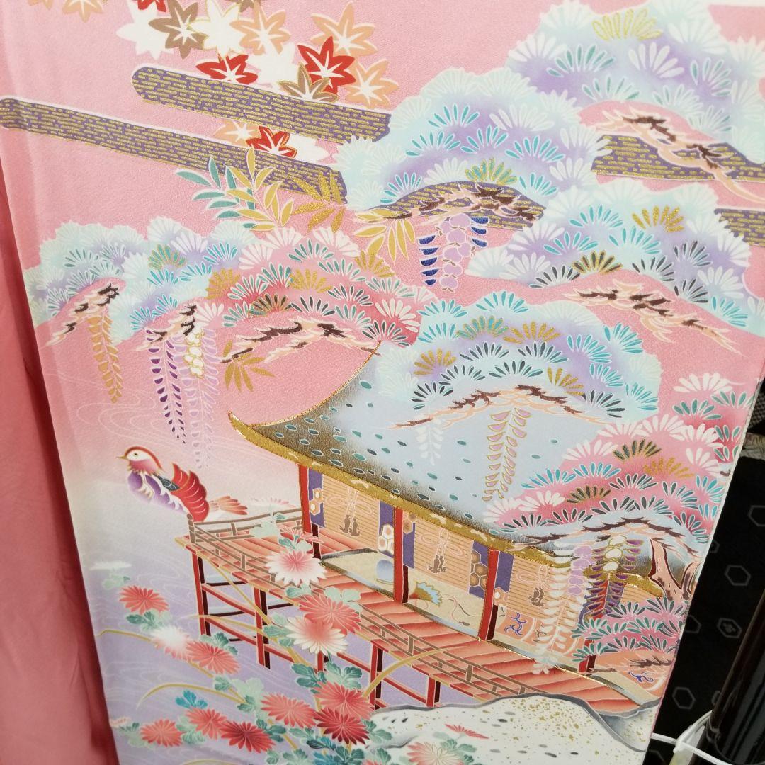 Fs112st あぜくら豪華可愛い振袖 屋敷と景観柄 金糸 正絹