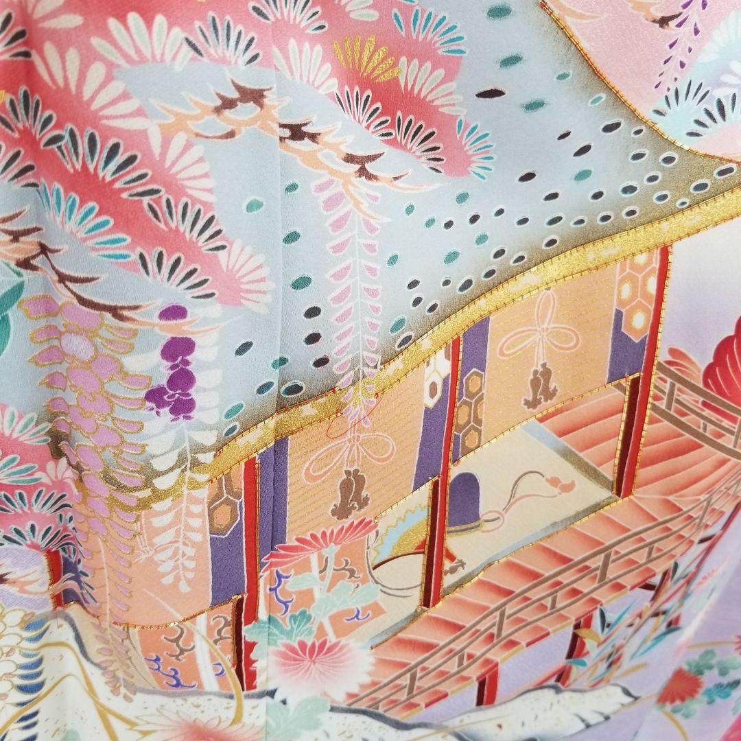 Fs112st あぜくら豪華可愛い振袖 屋敷と景観柄 金糸 正絹