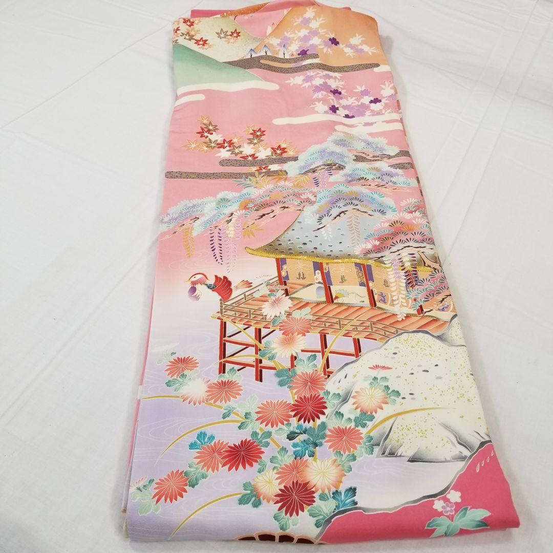 Fs112st あぜくら豪華可愛い振袖 屋敷と景観柄 金糸 正絹