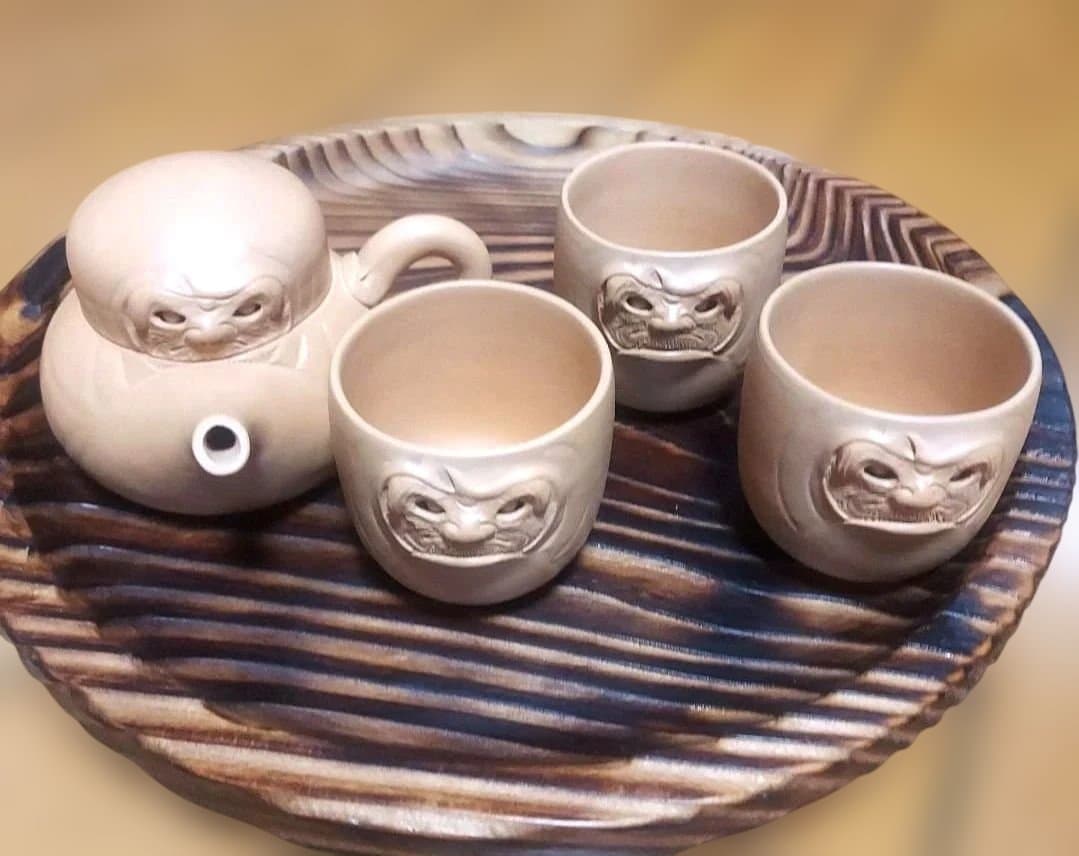 未使用　美品　珍品　茶器　レア　からくり　民芸　秋田焼　道楽　達磨　縁起物　4点