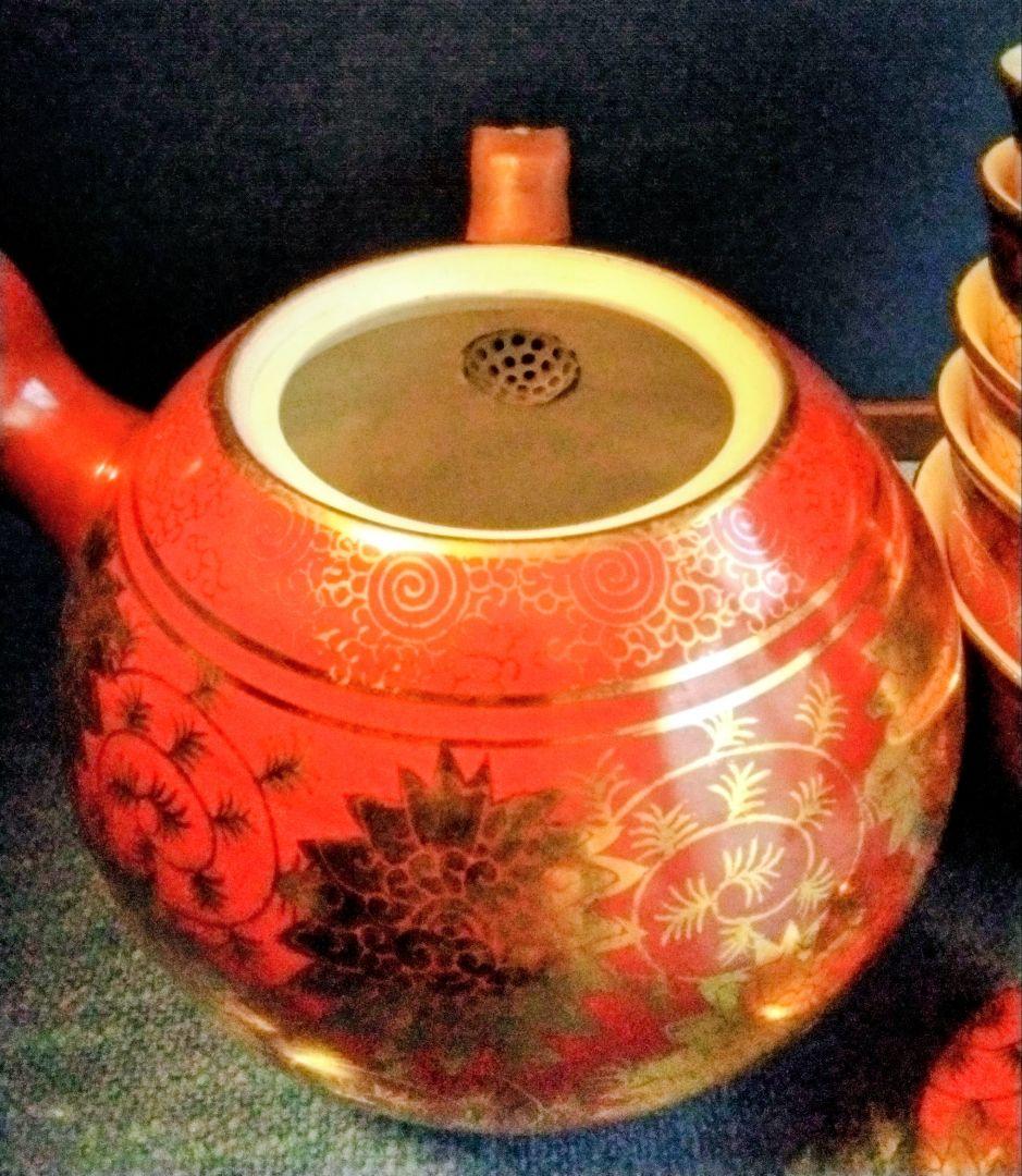 九谷焼煎茶揃　赤金花柄急須と茶碗セット