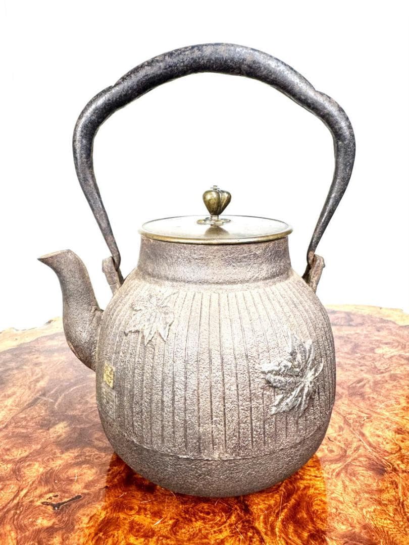 明治時代 金寿堂 描金銀葉 唐銅蓋鉄瓶 本体在銘 急須 茶壺 稀少WWST038