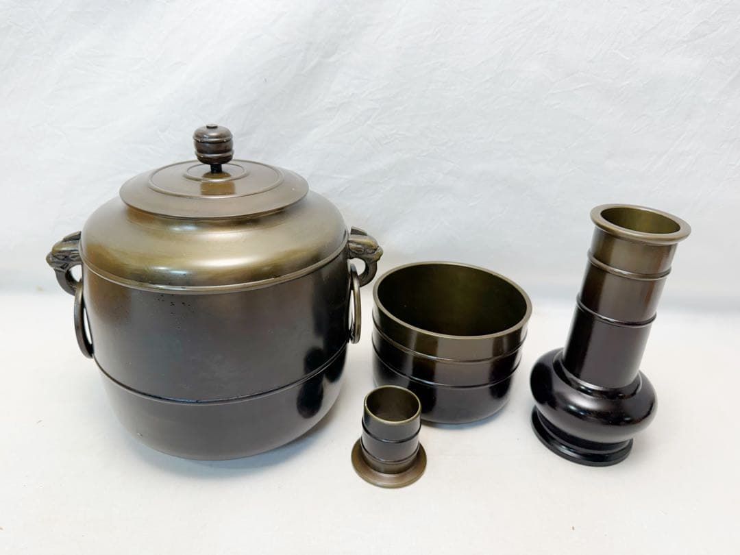 茶道具 鋳師 金森淨栄作 唐銅 皆具 環付水指 建水 杓立 蓋置 共箱