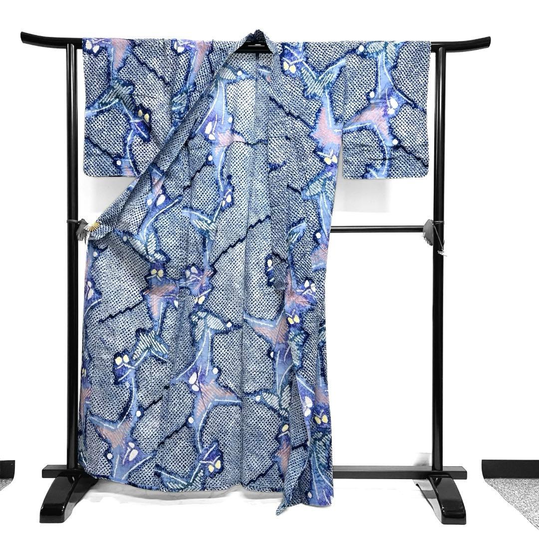 浴衣　有松鳴海絞り　蝶　ライトブルー　グラデーション着物　034a d