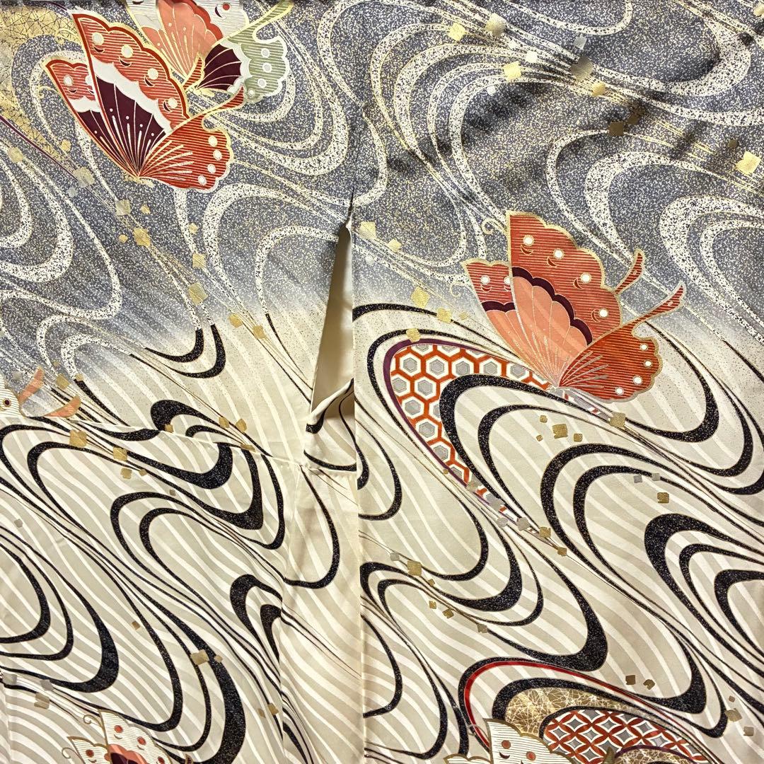D34 振袖 やまと誂製 蝶々 流水 金駒刺繍 正絹 着物 袷 極美品