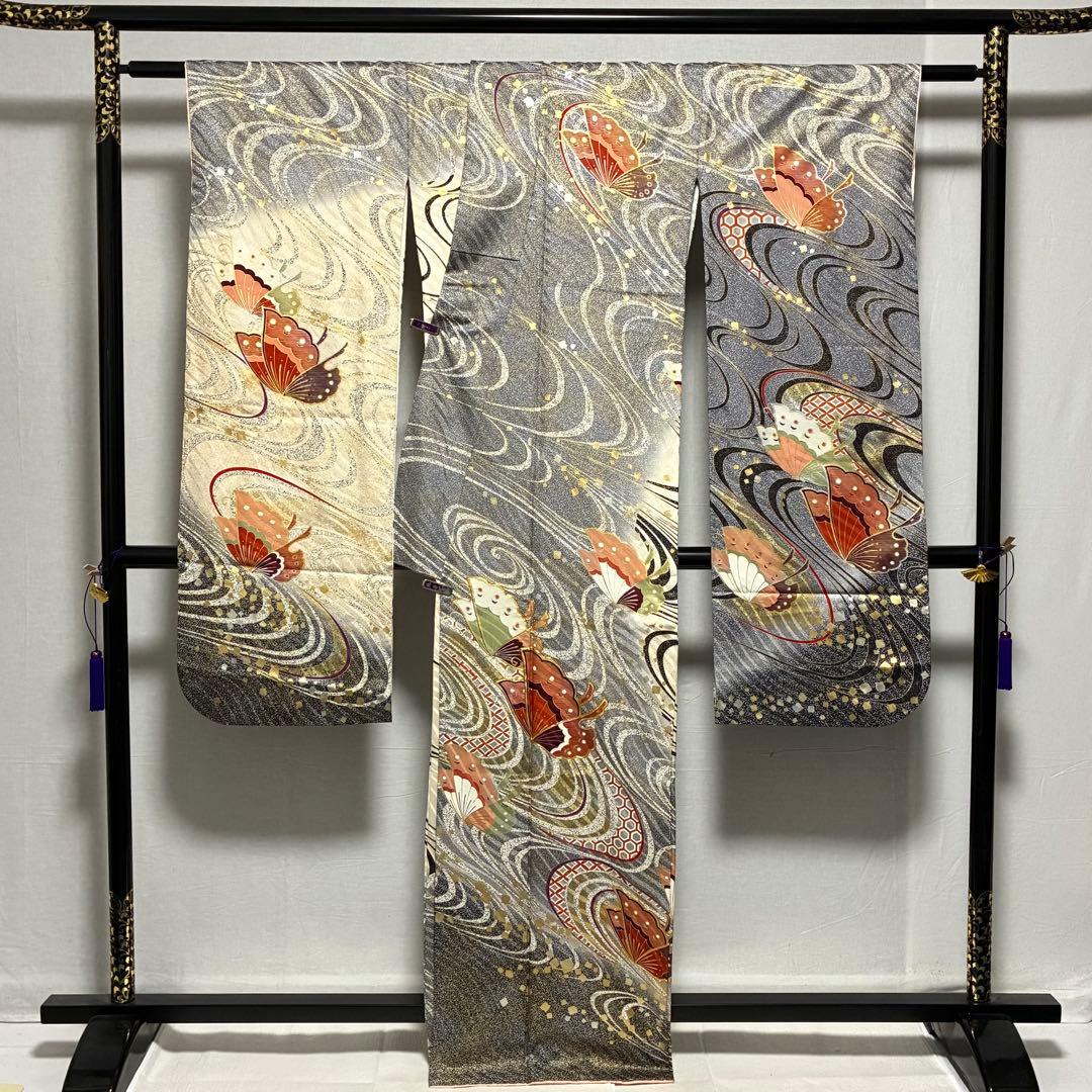 D34 振袖 やまと誂製 蝶々 流水 金駒刺繍 正絹 着物 袷 極美品
