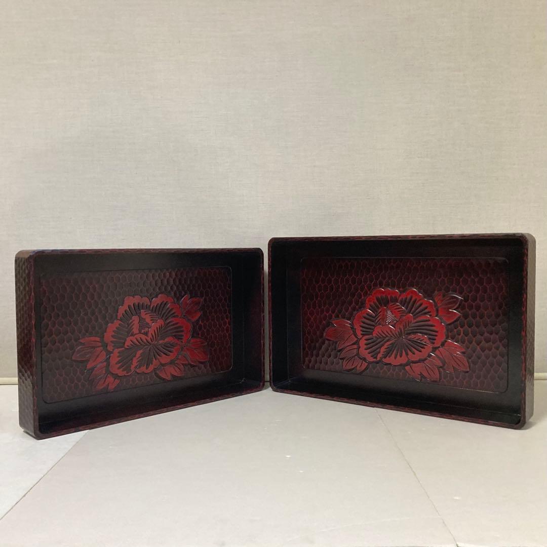 鎌倉彫 乱れ籠 衣装籠 盆 トレイ 2枚組 収納 木製 彫刻 漆塗 花柄 レトロ