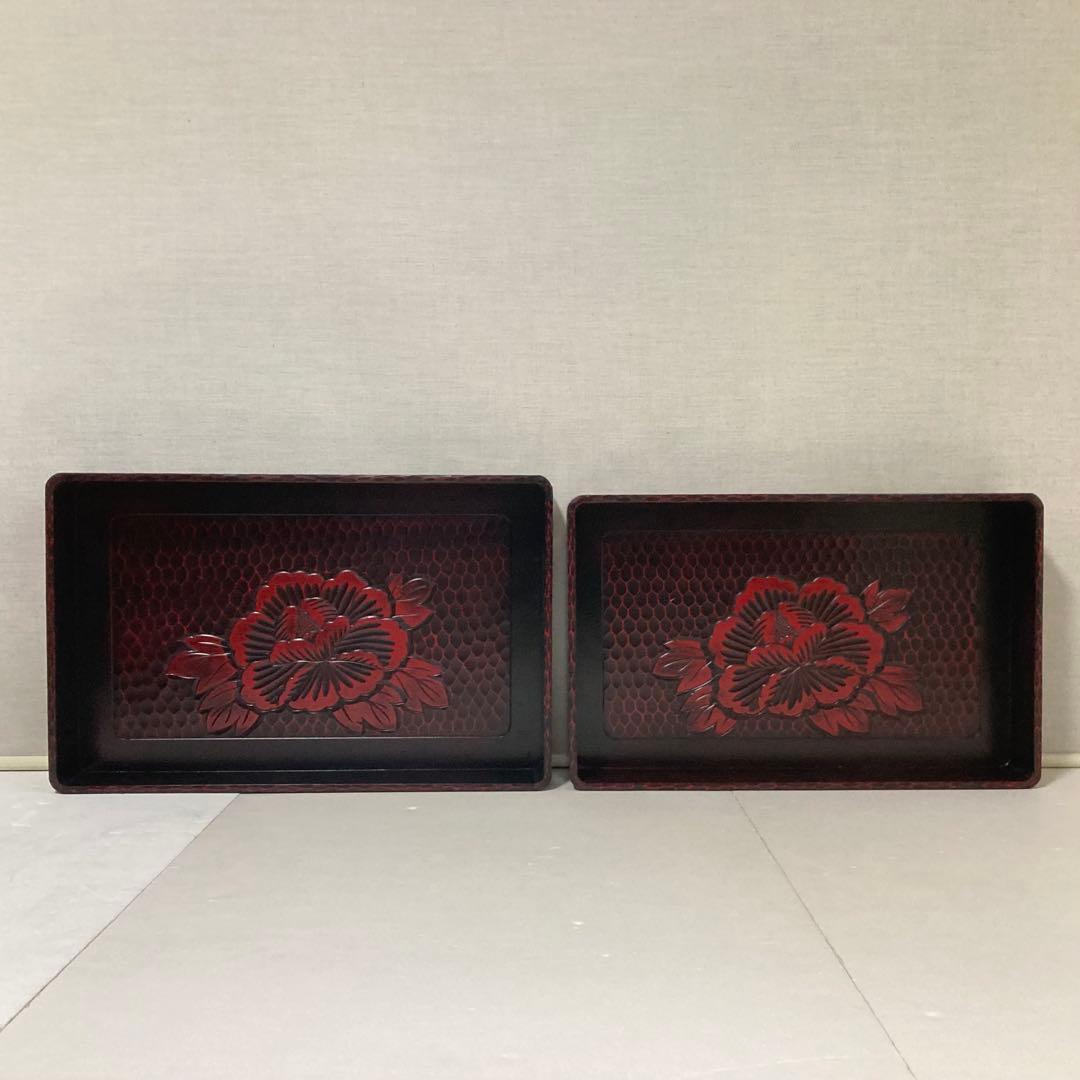鎌倉彫 乱れ籠 衣装籠 盆 トレイ 2枚組 収納 木製 彫刻 漆塗 花柄 レトロ