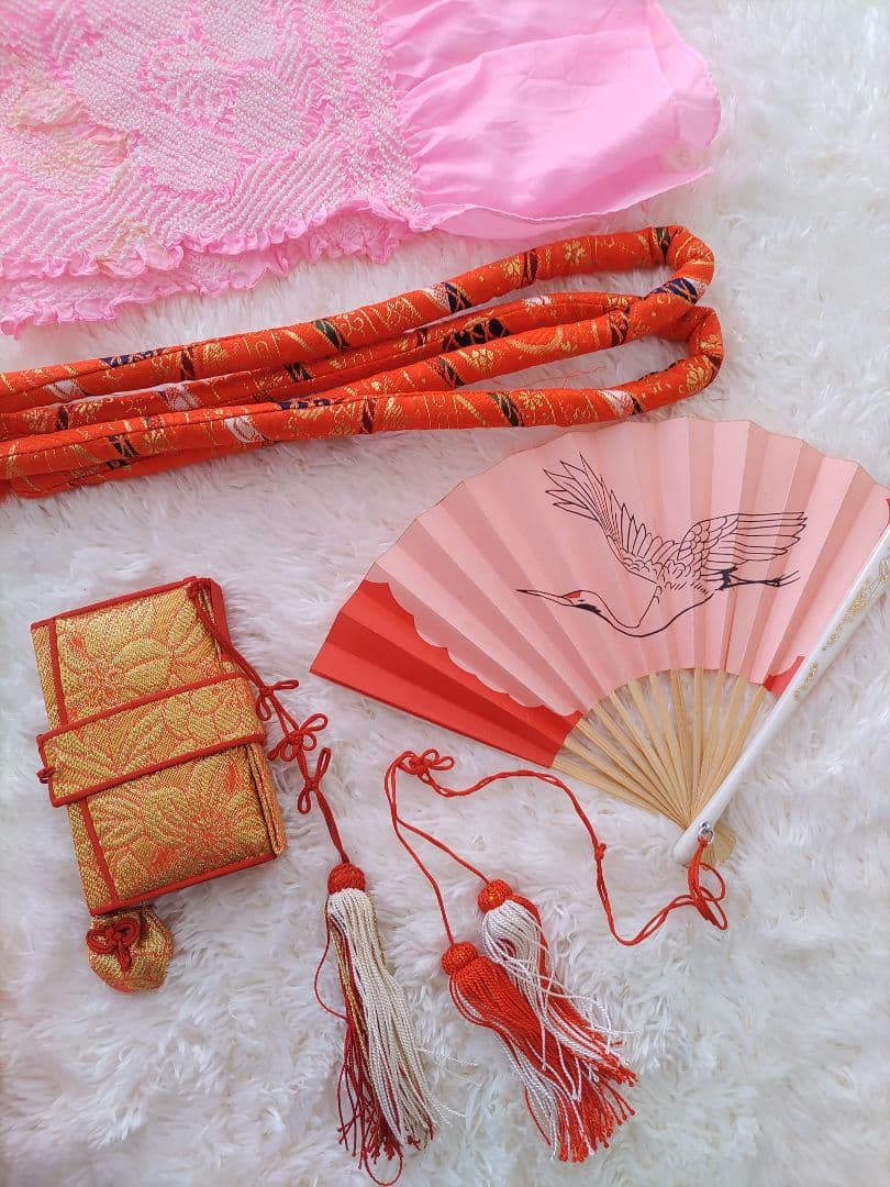 七五三用赤い花柄着物セット　フルセット　7歳　華やか　作り帯