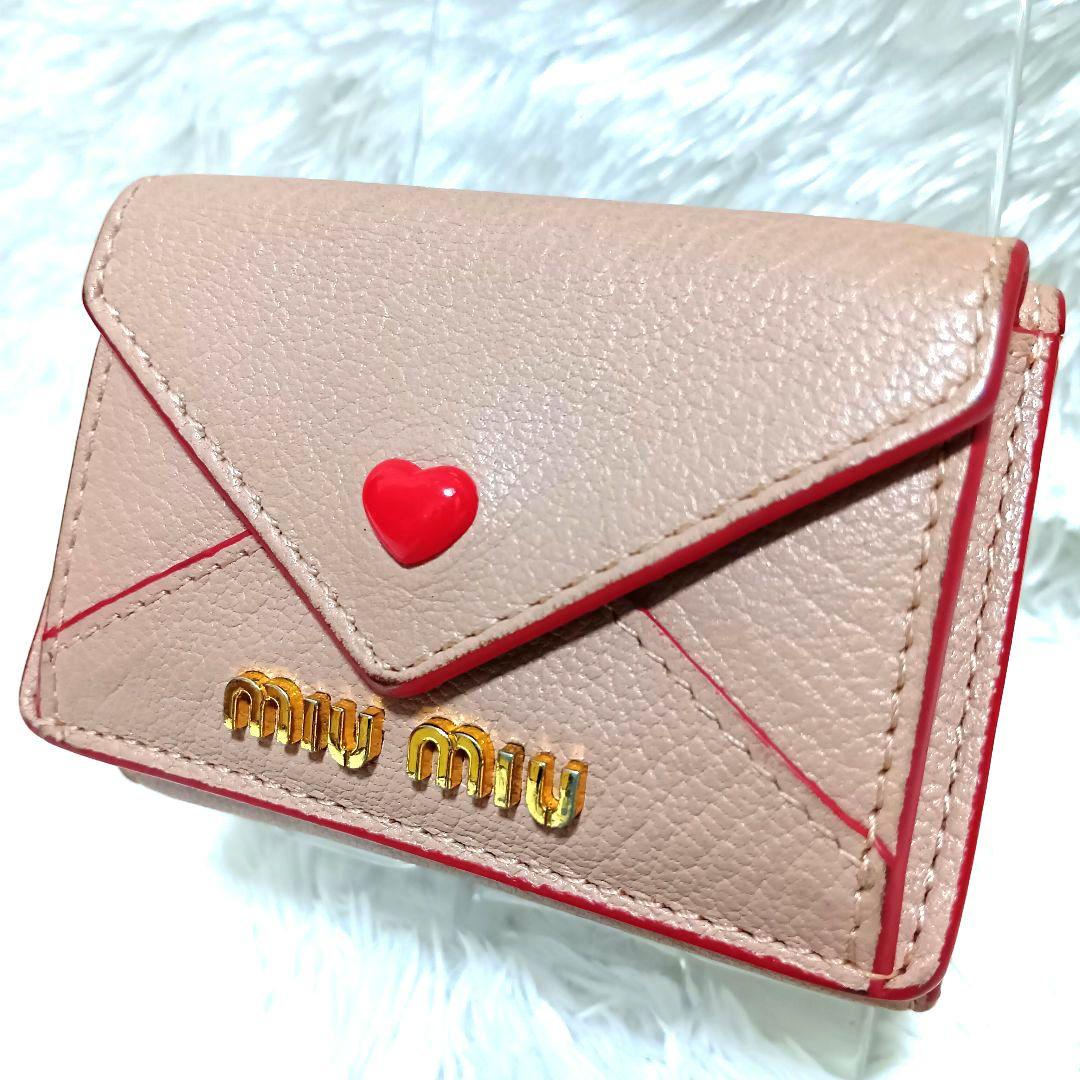 ミュウミュウ　三つ折り財布　マドラスラブ　ハート　ピンク　レザー　 正規品