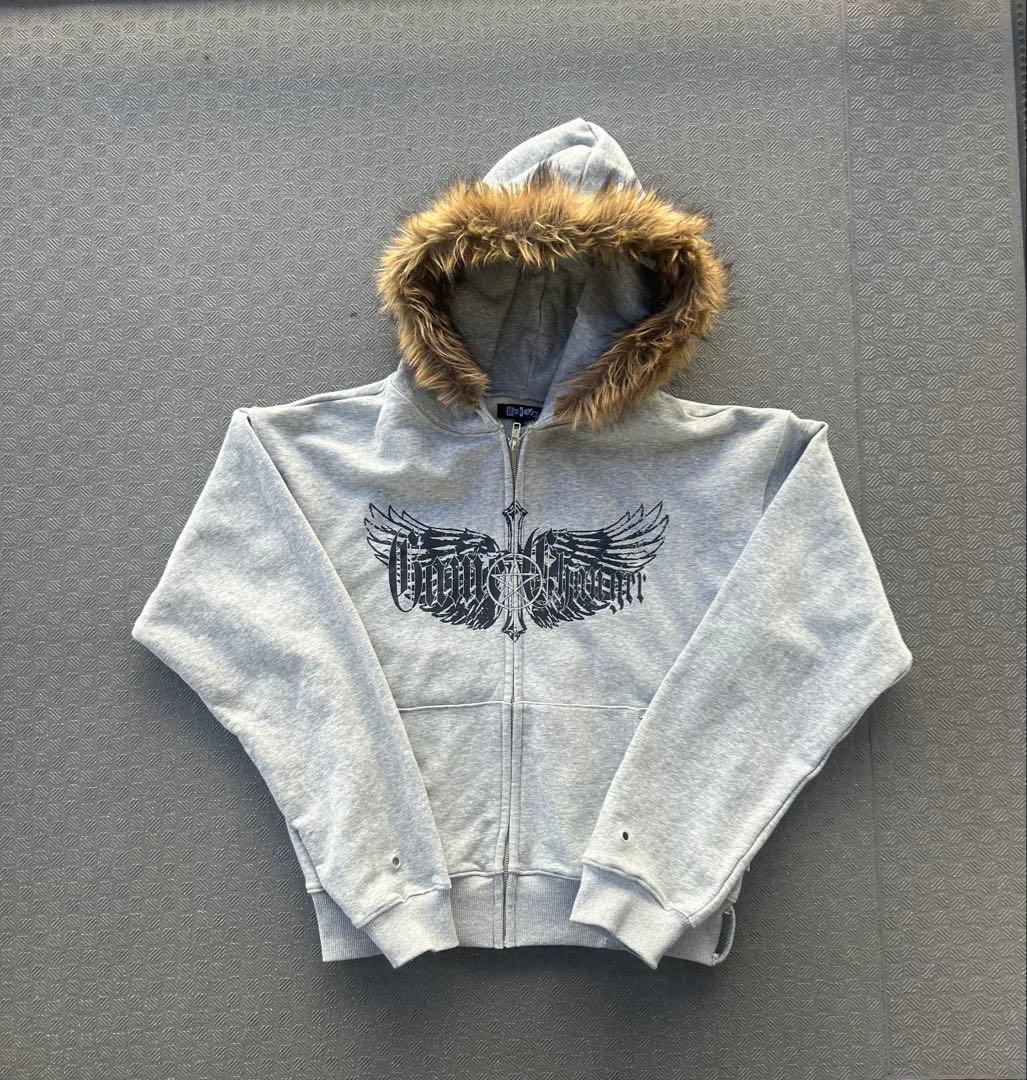 sevns fur zip up hoodie gray who28着用　y2k