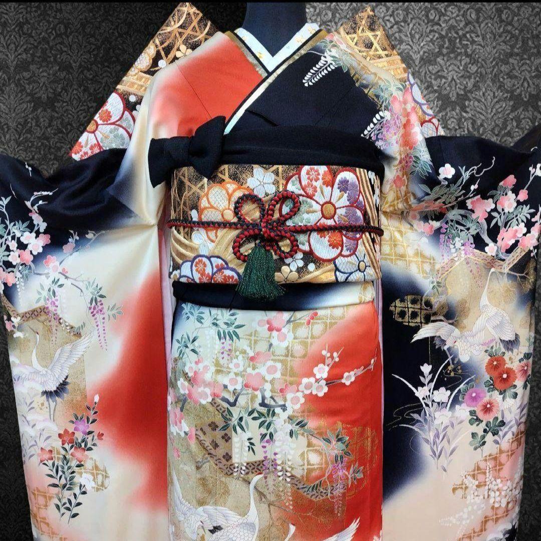 最終価格☆振袖フルセット(6点)・古典柄・金彩加工・舞鶴・胴裏正絹・正絹