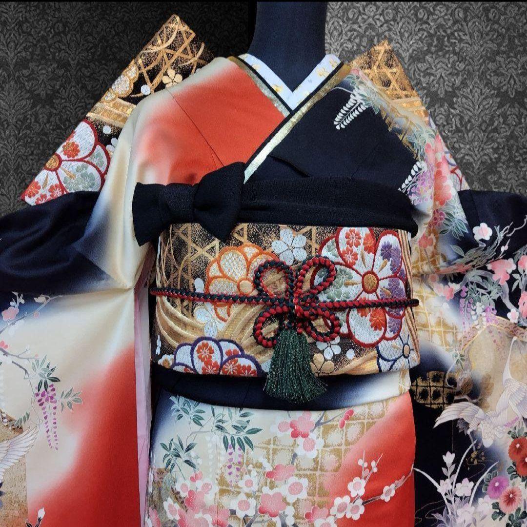 最終価格☆振袖フルセット(6点)・古典柄・金彩加工・舞鶴・胴裏正絹・正絹