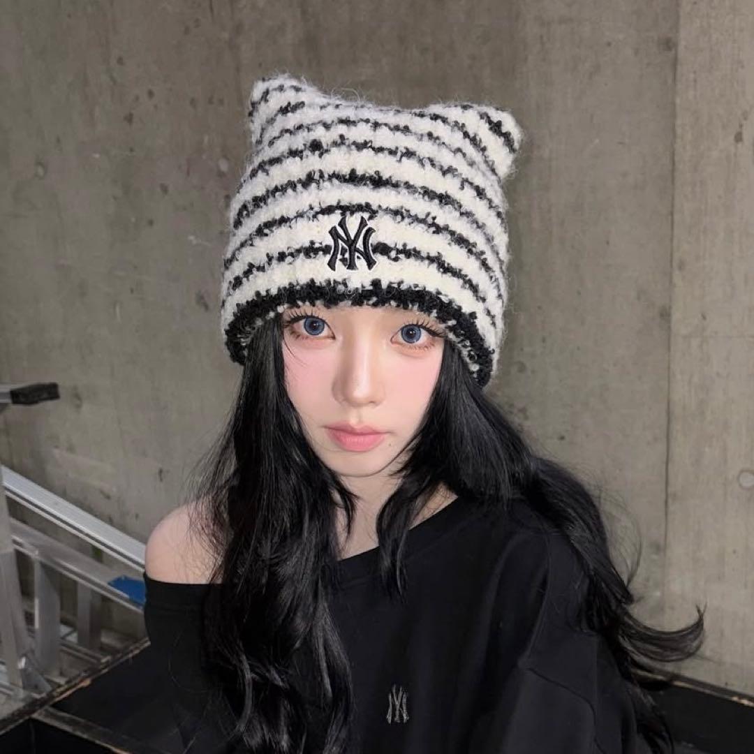 MLB aespa カリナ着用 猫耳ニット帽 ビーニー