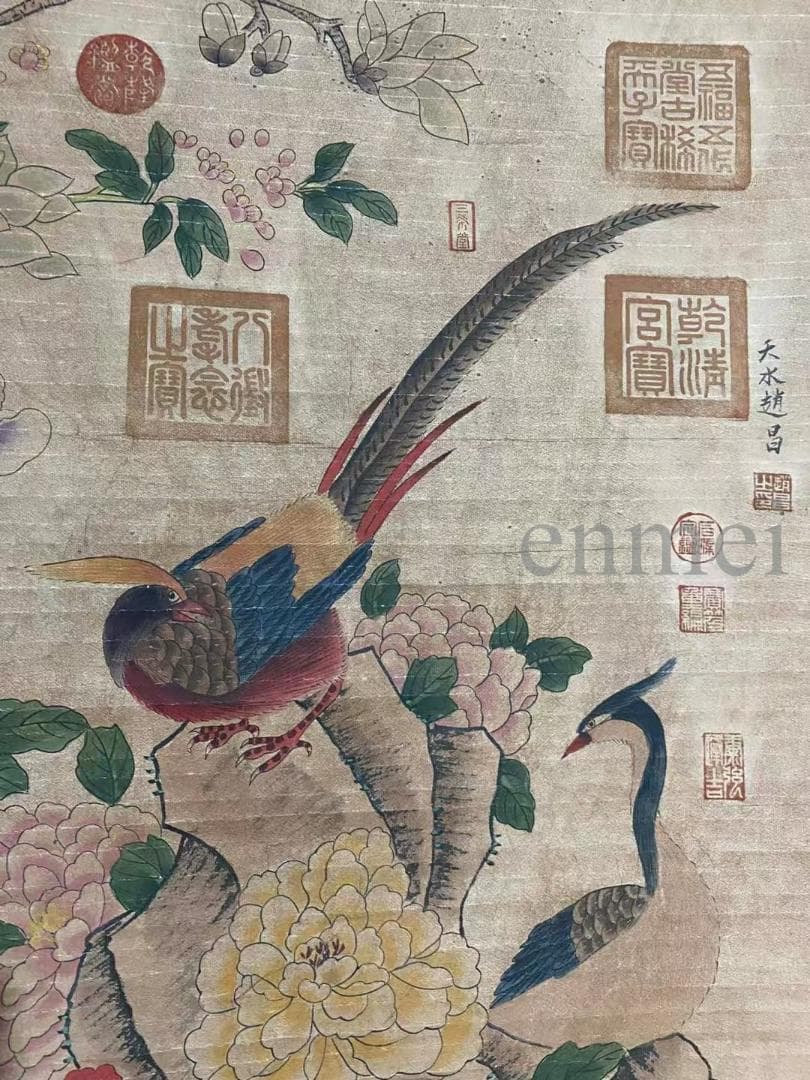 中国古美術・旧藏・北宋風・趙昌款・花鳥図・手描き中堂画・掛軸・宣紙・書画・骨董