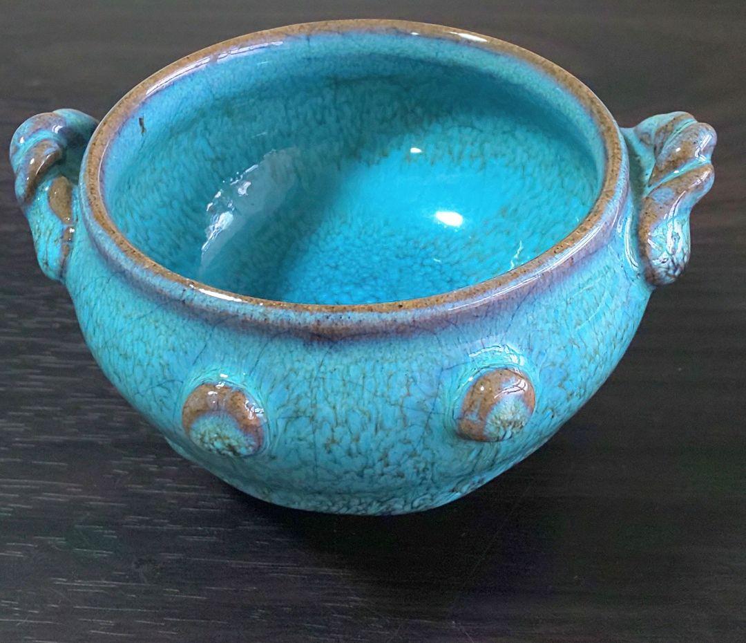 中国南宋時代 緑釉陶器 澱青釉紫紅斑 双耳香炉