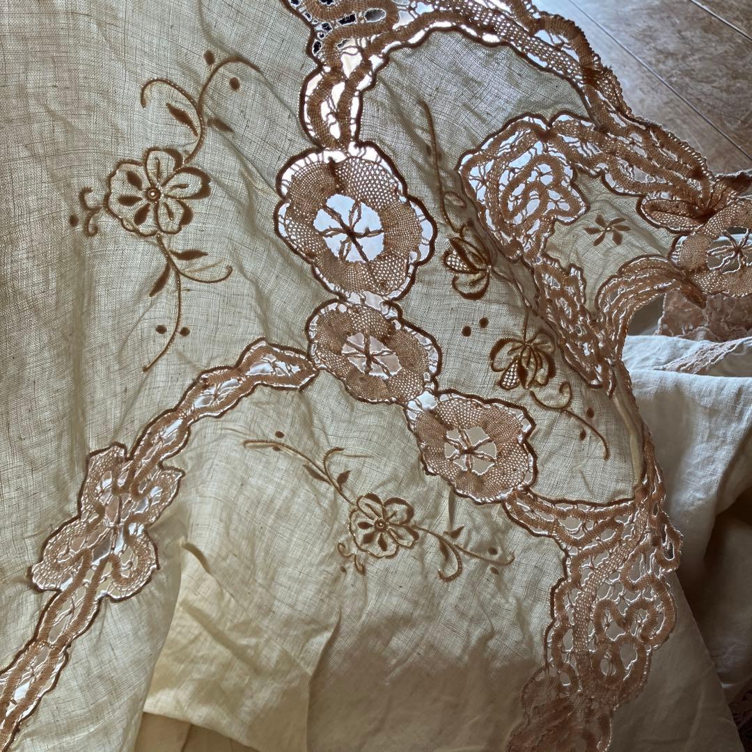 アンティーク　ヴィンテージ　ベージュ　レース (ベッドカバーレース) 綿