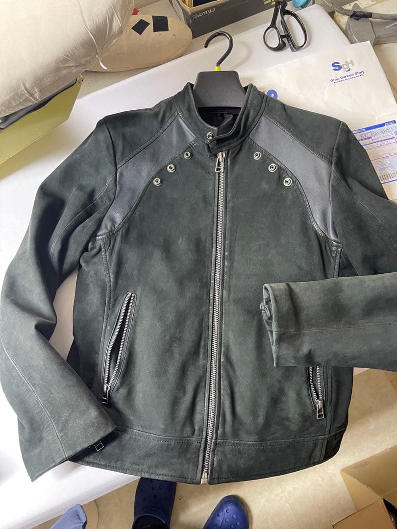 ダークグレー レザー シングルライダースジャケット