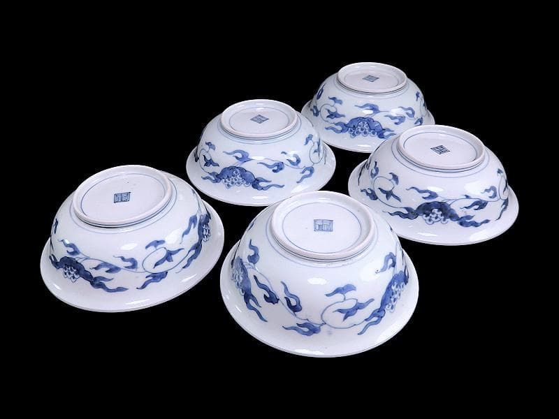 古伊万里　染付　七宝繋ぎ紋に龍の図　膾皿　５客　江戸期　A050AS-CKk