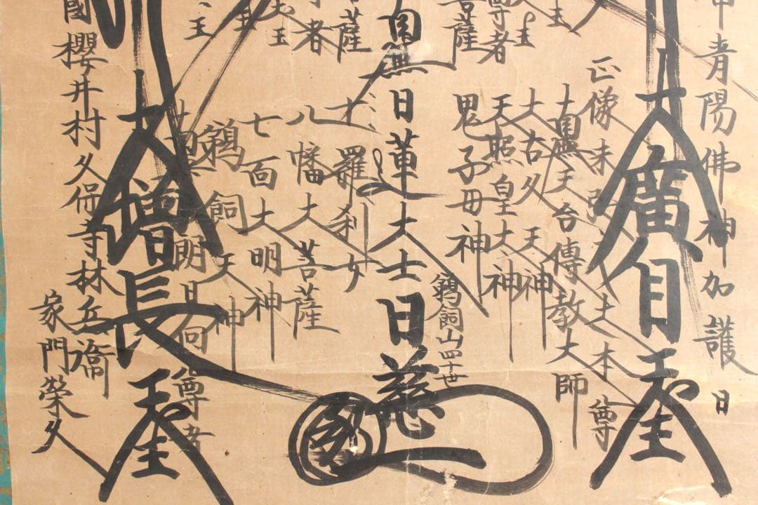 No4887 掛軸　仏教美術　日蓮曼荼羅　肉筆紙本　髭曼荼羅　古美術　送料無料