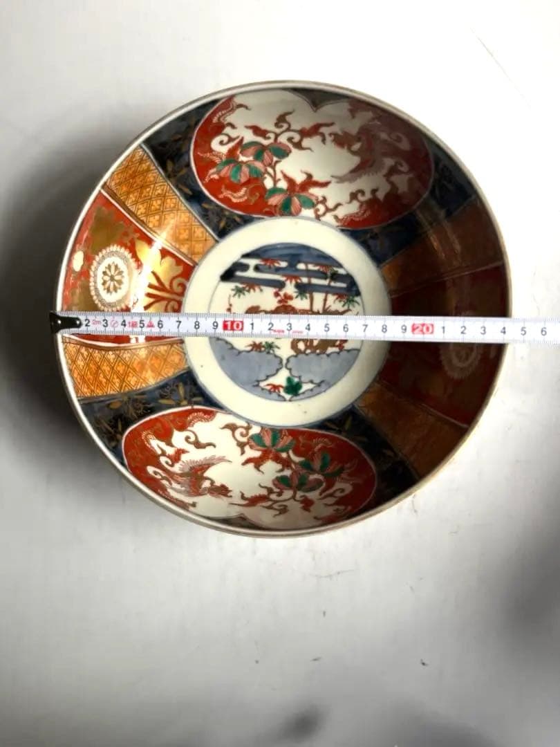 517 骨董 アンティーク 古伊万里 染付 色絵金彩窓絵鳳凰図8寸鉢 富貴長春