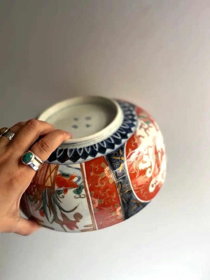 517 骨董 アンティーク 古伊万里 染付 色絵金彩窓絵鳳凰図8寸鉢 富貴長春