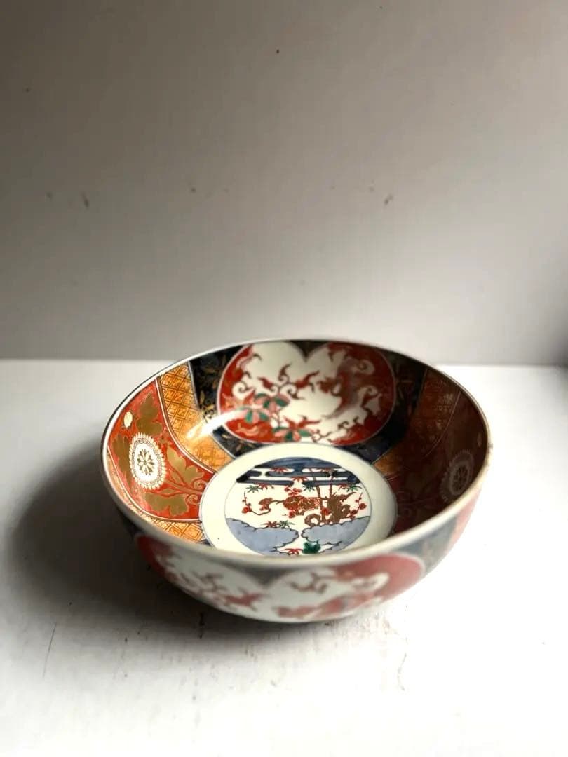 517 骨董 アンティーク 古伊万里 染付 色絵金彩窓絵鳳凰図8寸鉢 富貴長春