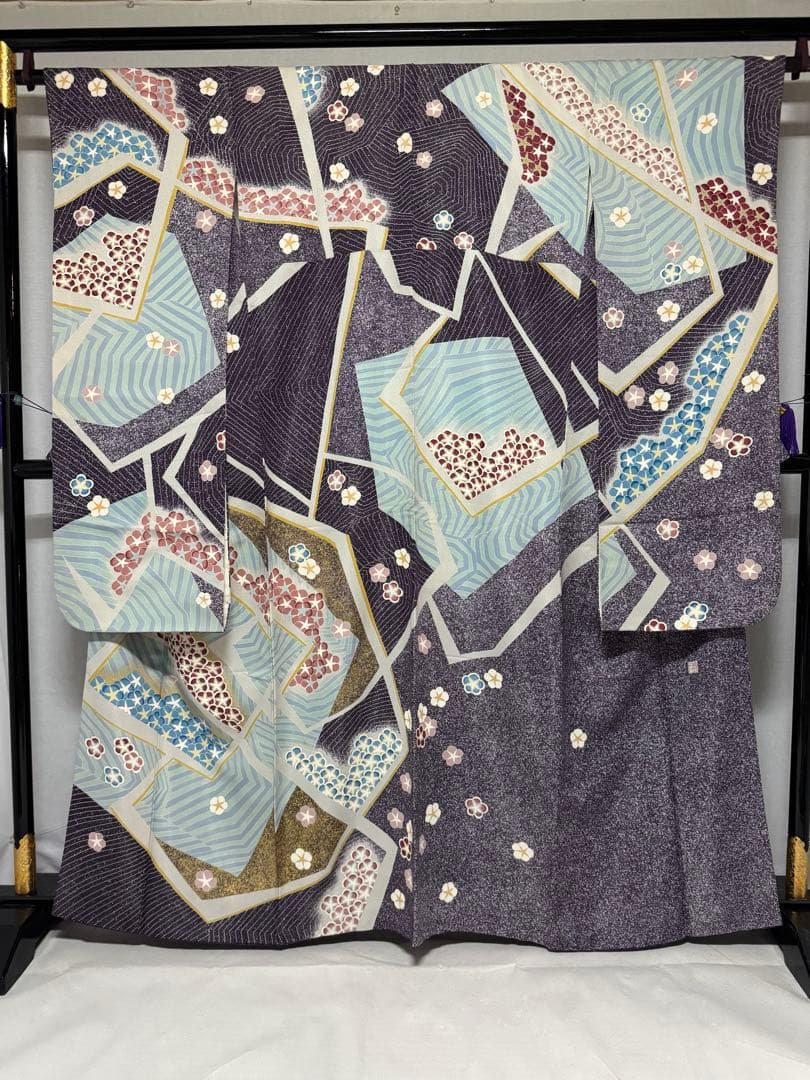 [作家物] 振袖　正絹　成人式　結婚式　紫　水色　たたき　高身長　縮緬　卒業式