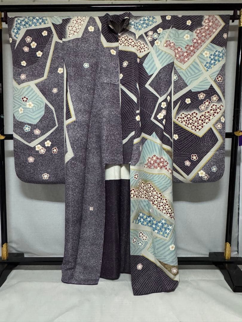 [作家物] 振袖　正絹　成人式　結婚式　紫　水色　たたき　高身長　縮緬　卒業式