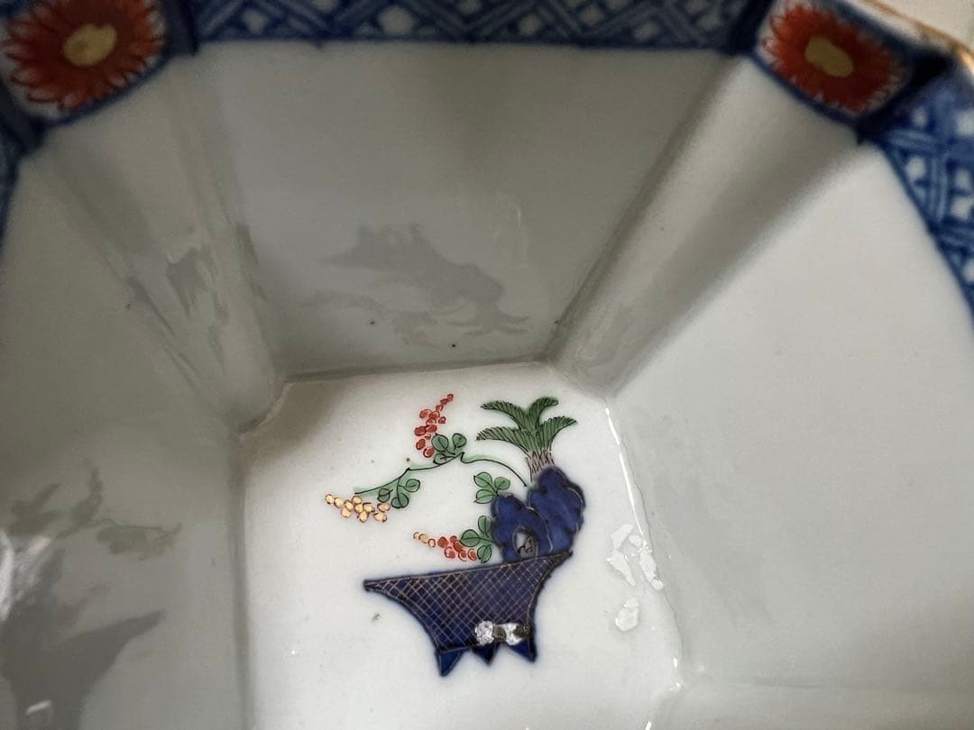 うつわ8角古伊万里 多彩花な鳳凰江戸後期 約口径 9.5㎝時代物8点木箱あり