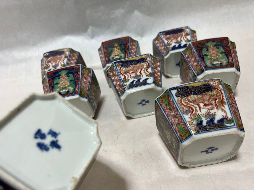 うつわ8角古伊万里 多彩花な鳳凰江戸後期 約口径 9.5㎝時代物8点木箱あり