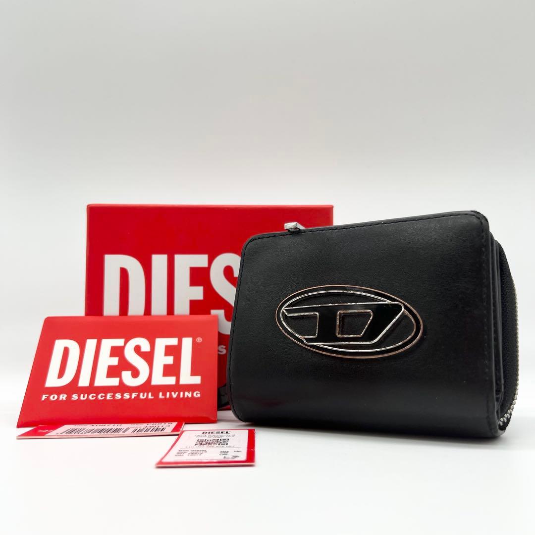 近年モデル✨DIESEL　二つ折り財布　Dロゴ　レザー　ブラック　ミニポーチ付き