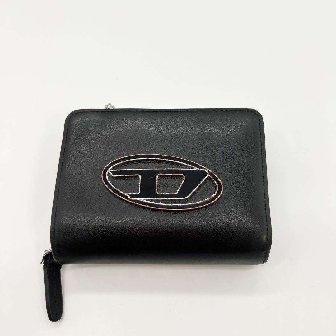 近年モデル✨DIESEL　二つ折り財布　Dロゴ　レザー　ブラック　ミニポーチ付き