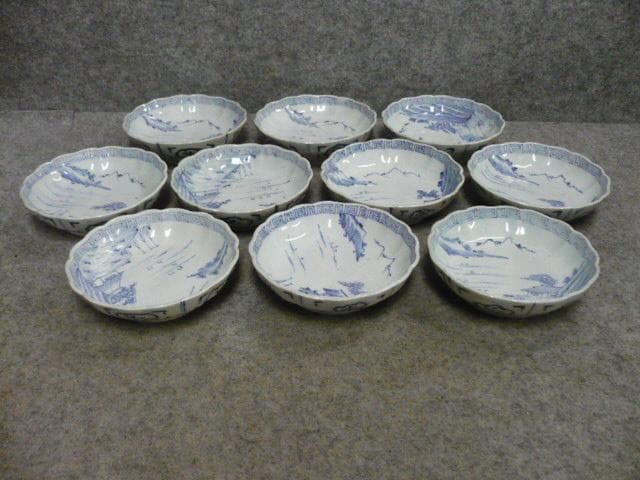 伊万里焼染付線描き海辺風景図なます皿10枚 [B31638]