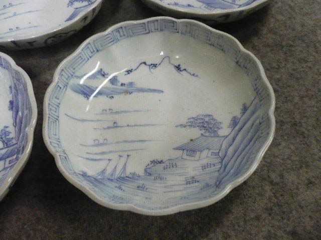 伊万里焼染付線描き海辺風景図なます皿10枚 [B31638]
