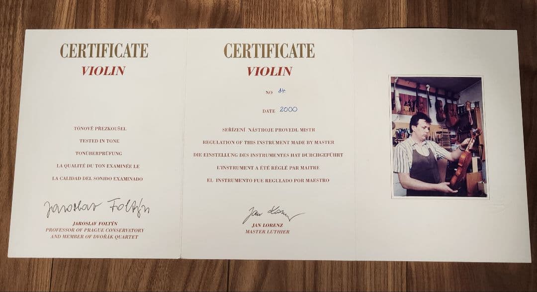 バイオリン (Jan Lorenz, 2000年製) 製作証明書他付属品