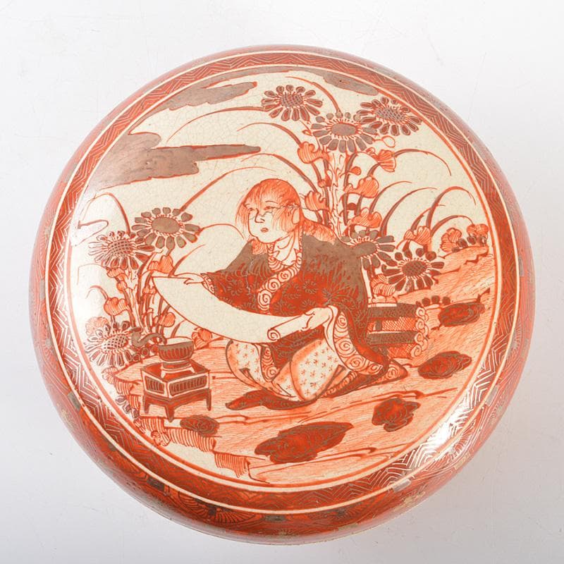 九谷焼　古九谷　八郎手赤絵金彩　人物文　蓋物　菓子鉢　M　R6811
