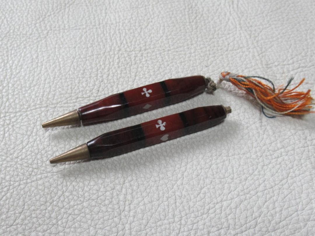 美品大正時代英国製◆フォーリン 茶黒トランプ柄 セルロイド製 先端回転式ペンシル