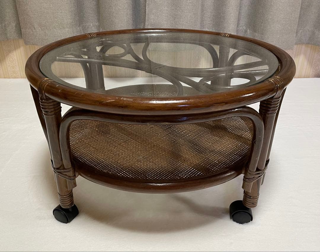 ラタン キャスター付き ガラステーブル コーヒーテーブル アジアン ビンテージ