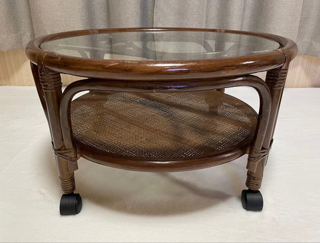 ラタン キャスター付き ガラステーブル コーヒーテーブル アジアン ビンテージ